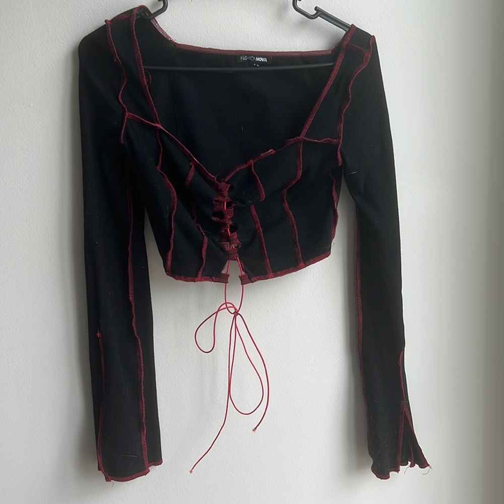 FashionNova Black/Red Lace Up Crop Top